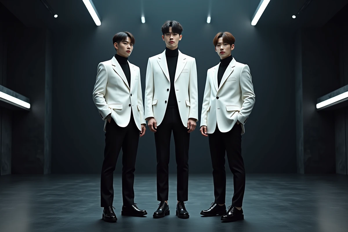 Trio de K-pop 3piece en tenues coordonnées blanc et noir sur scène minimaliste, formation diagonale artistique
