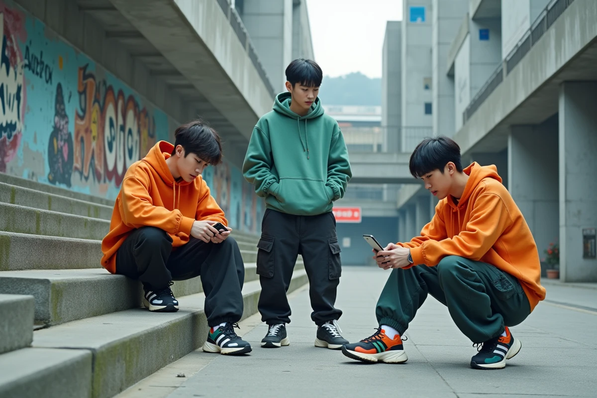 Groupe 3piece en streetwear décontracté sur des escaliers urbains de Séoul, ambiance authentique entre répétitions