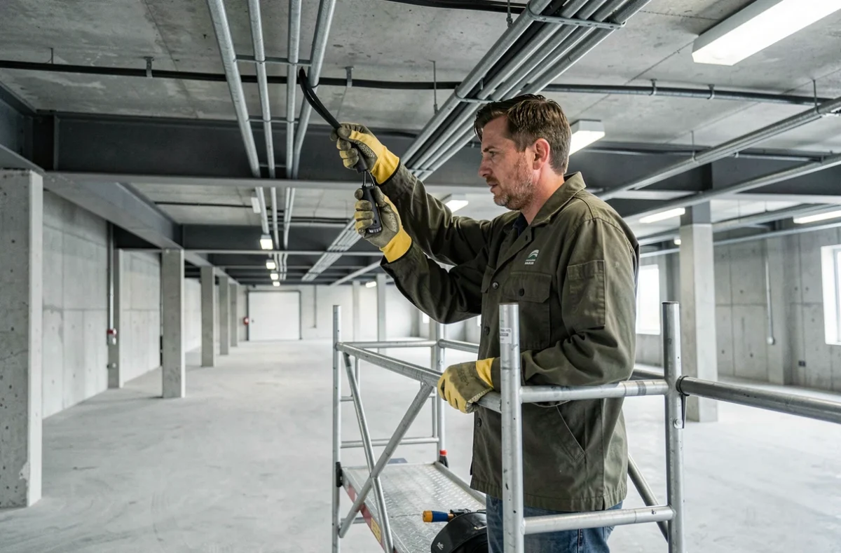 Électricien de A2T Électricité posant des conduits électriques dans un entrepôt commercial neuf