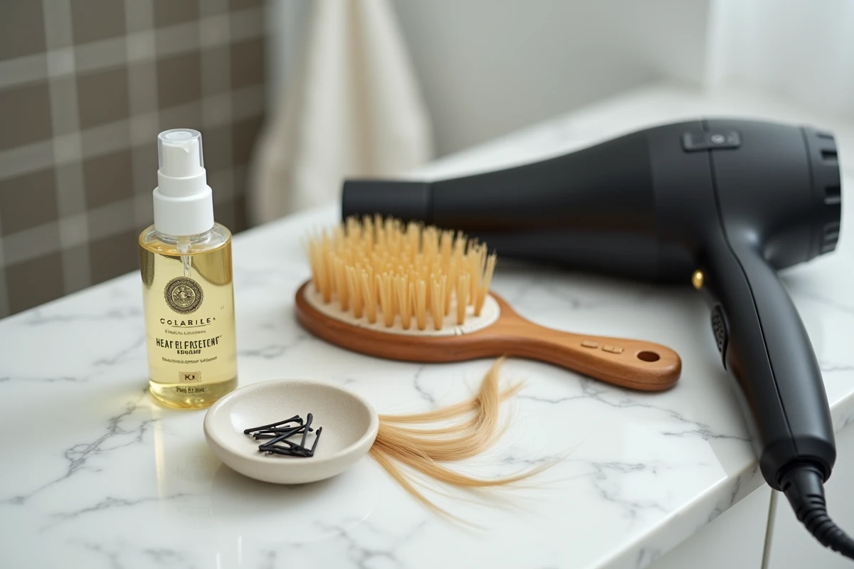 Accessoires de brushing pour protéger les pointes des cheveux : brosse, sérum thermoprotecteur et sèche-cheveux sur marbre blanc