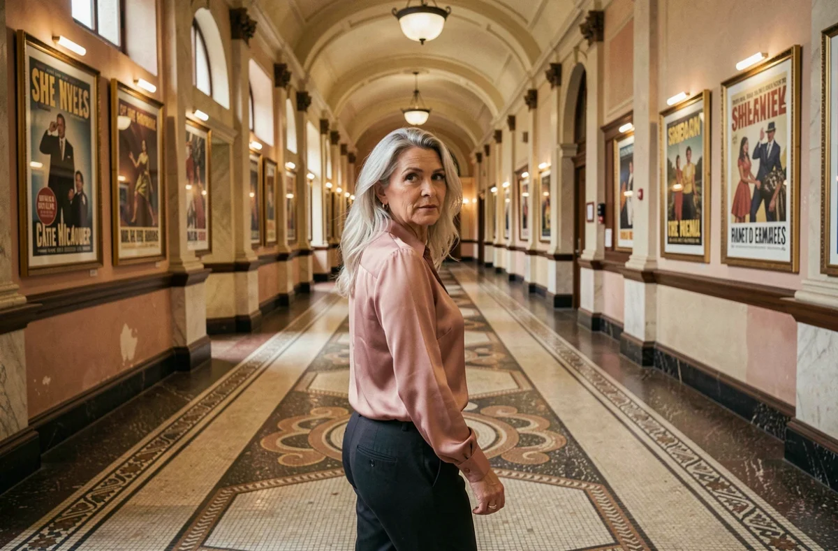 Actrice oscarisée dans le hall d'un cinéma historique avec des affiches de films vintage et un sol en mosaïque