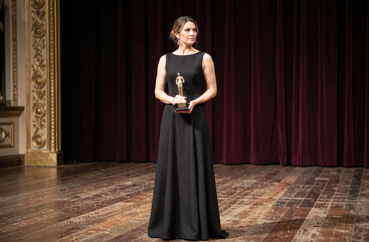 Actrice oscarisée tenant une statuette dorée sur une scène de théâtre avec des rideaux en velours et un parquet en bois