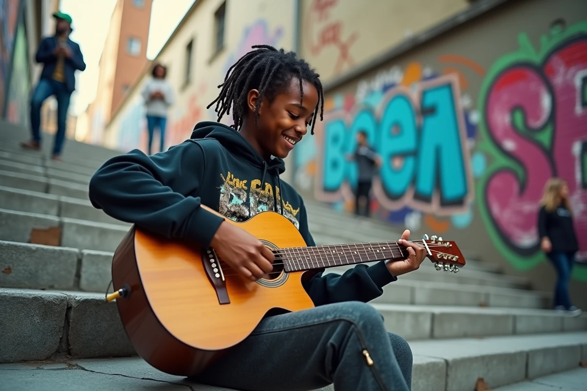 Adolescent jouant de la guitare acoustique dans un cadre urbain inspiré par la musique reggae