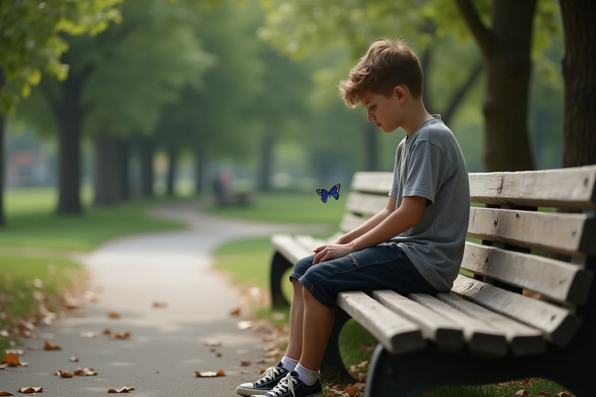 Adolescent sur un banc observant un papillon bleu