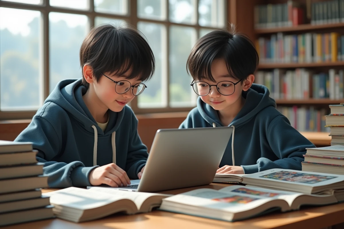 Deux adolescents discutant de manga à la bibliothèque