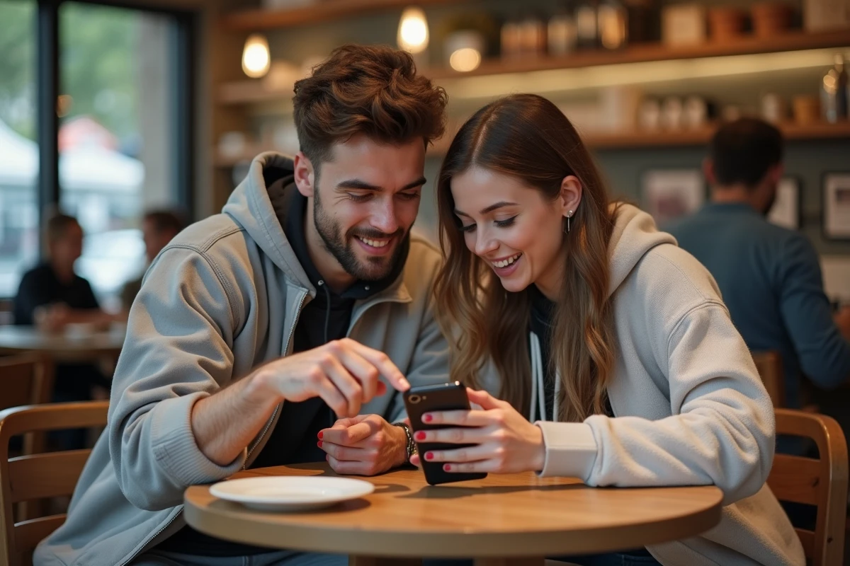 Deux amis partageant des astuces de codes et récompenses sur un smartphone dans un café moderne