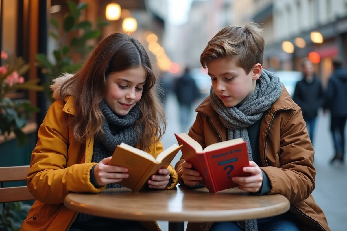 Deux adolescents lisant dans un café en plein air