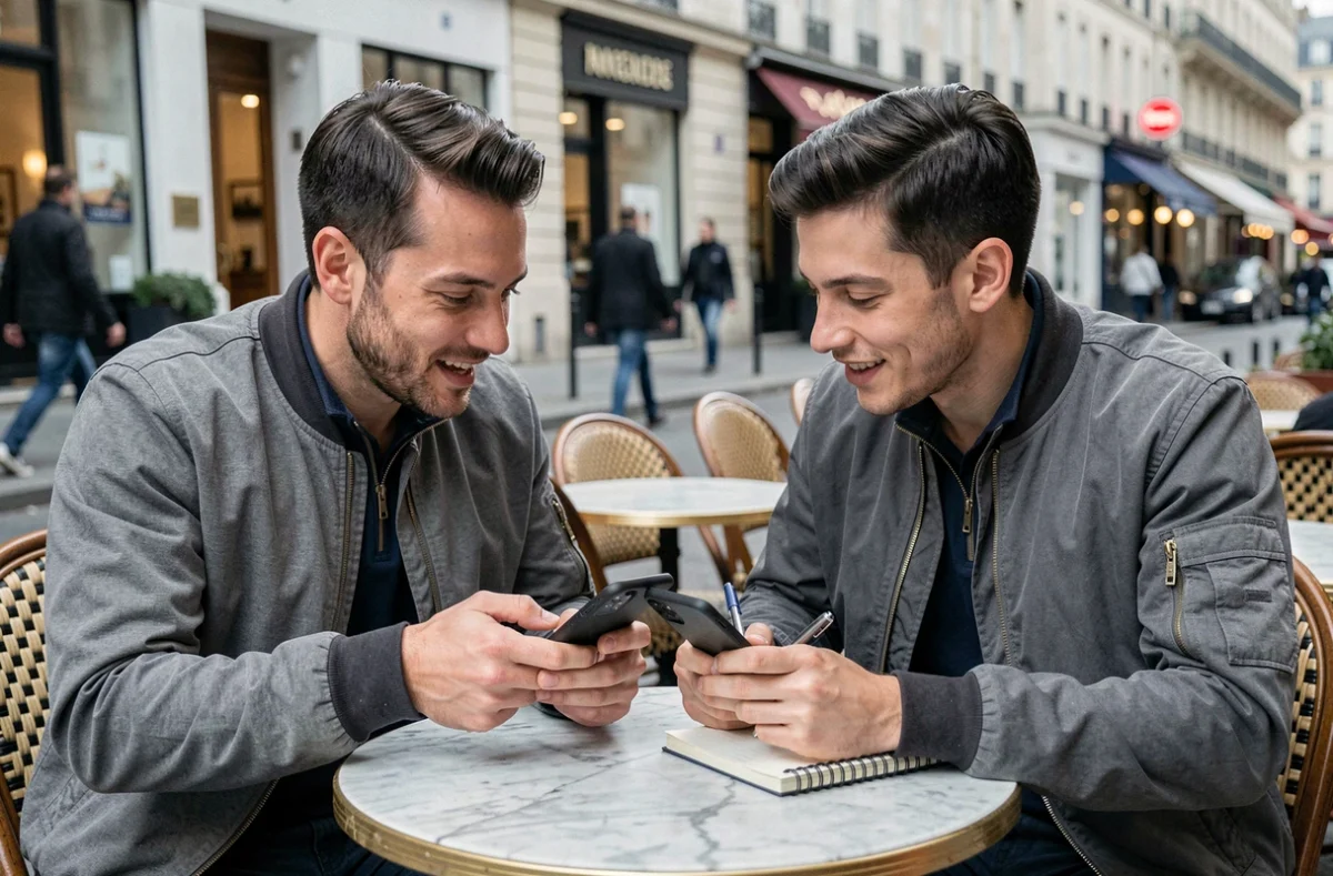 Deux amis en terrasse de café discutant de leur stratégie pour le Tycoon Club sur Monopoly Go