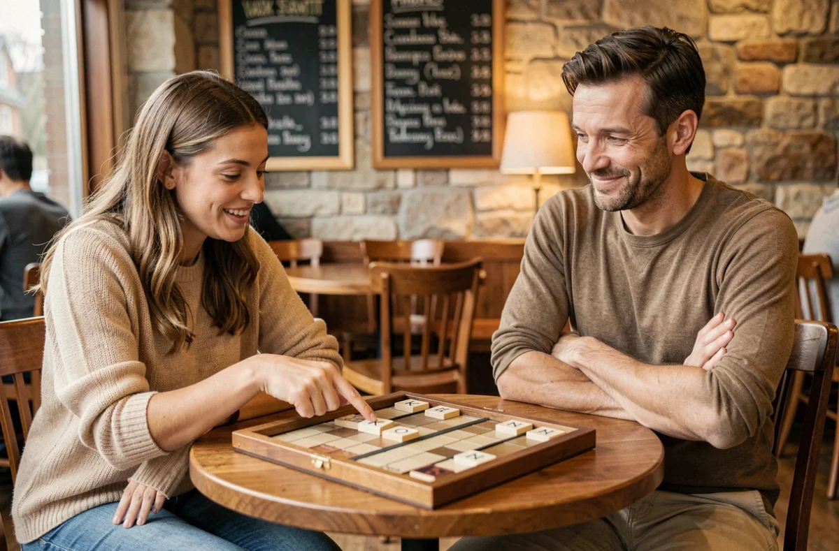 Deux amis en désaccord sur la validité du mot KO lors d'une partie de Scrabble dans un café