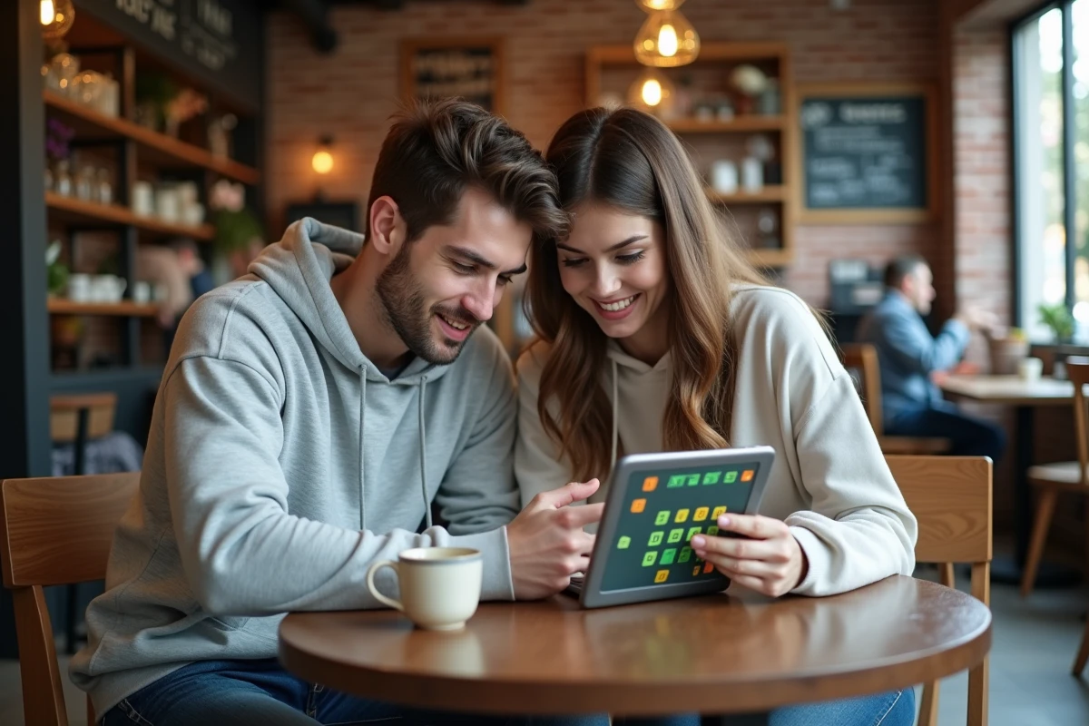 Deux amis jouant ensemble à un jeu de mots Motus sur tablette dans un café urbain