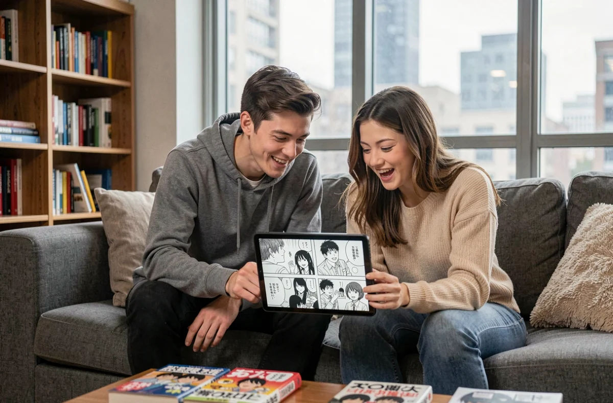 Deux amis adultes lisant ensemble un scan manga sur tablette dans un appartement