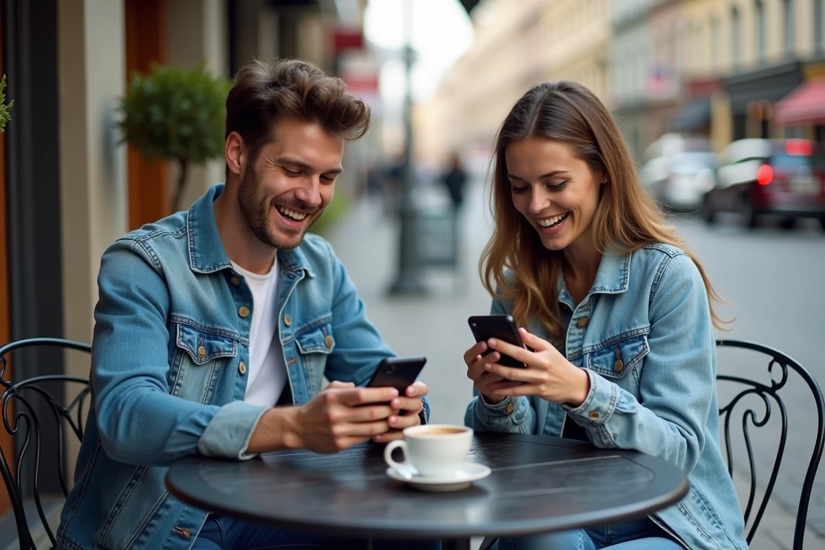 Deux amis comparant leurs liens Coin Master gratuits sur leurs téléphones en terrasse de café
