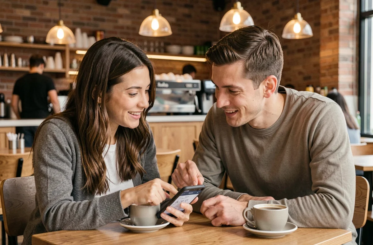 Deux amis discutant de chapitres manga sur smartphone dans un café urbain moderne avec des tasses de café sur la table