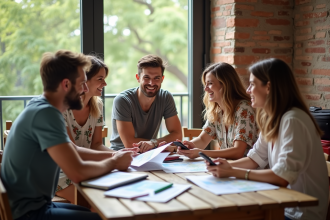 Quatre amis discutant de vacances dans un appartement moderne