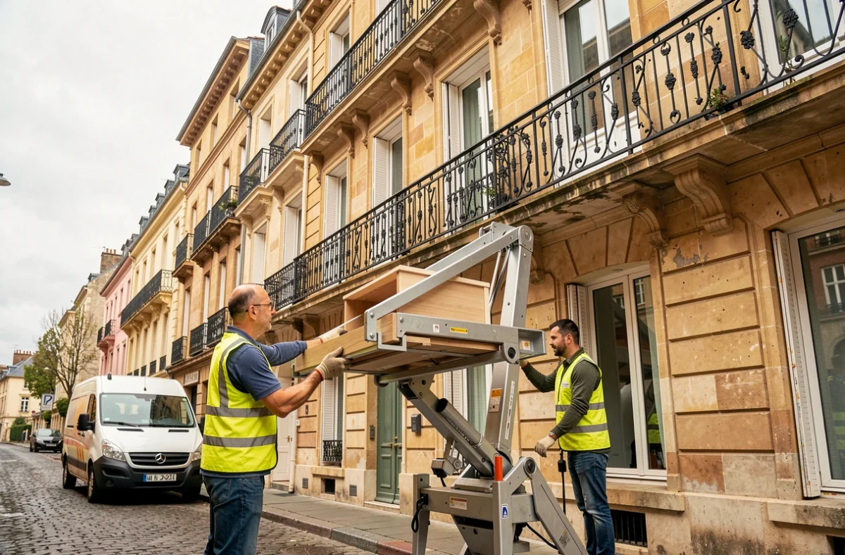 Opérateur AMML Au Monte Meuble Lyonnais guidant un meuble sur un lift extérieur le long d'une façade lyonnaise