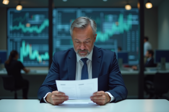 Analyste financier en costume bleu lors d'une réunion