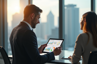 Analyste financier en costume expliquant les taux d'intérêt avec une tablette