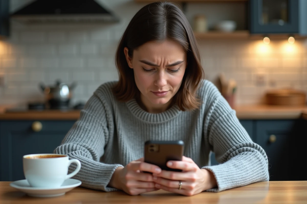 Femme regardant son téléphone avec un appel en numéro masqué affiché sur l'écran