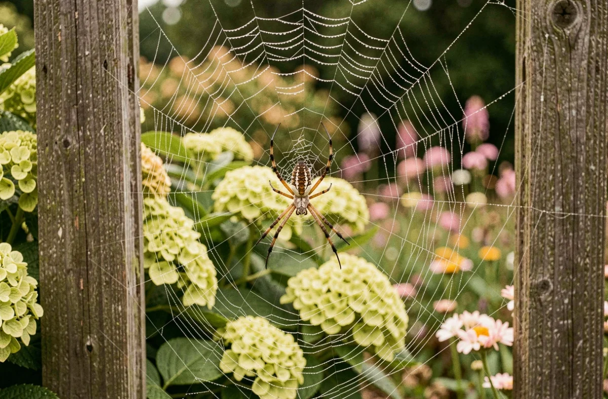 Araignée de jardin Araneus diadematus au centre de sa toile couverte de rosée entre deux piquets en bois, symbole de prospérité au jardin