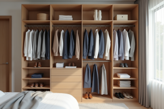 Armoire organisée avec vêtements essentiels pour hommes et femmes