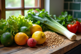 Assortiment de fruits et légumes avec L sur plan rustique