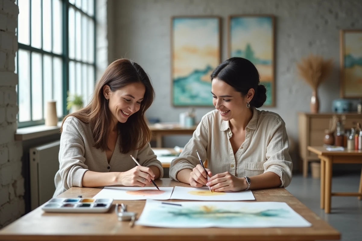 Deux femmes adultes peignant à l'aquarelle ensemble dans un atelier communautaire, alliant créativité et relaxation méditative