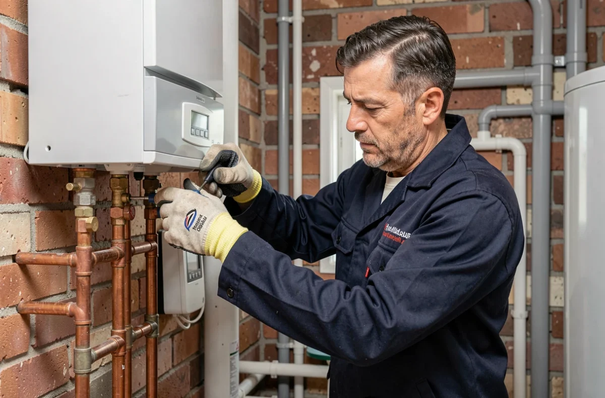 Technicien en plomberie et chauffage travaillant sur des raccords en cuivre d'une chaudière en Loire-Atlantique