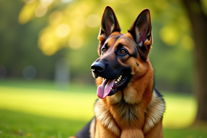 Chien berger allemand assis dans un parc ensoleille