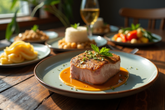 Blanquette de veau joliment dressée sur une table en bois rustique