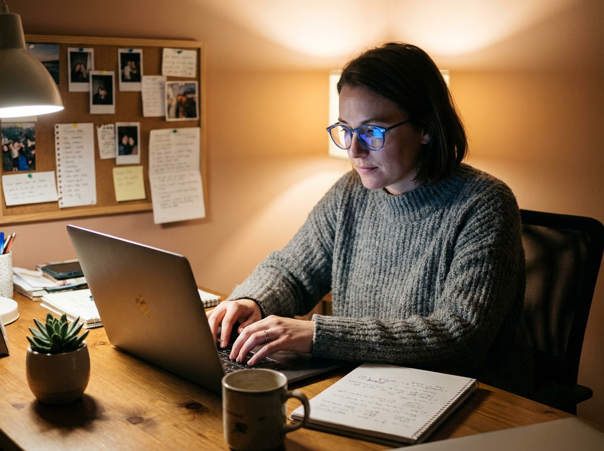 Femme blogueuse portant des lunettes anti-lumière bleue en train d'écrire sur un ordinateur portable le soir dans un bureau à domicile confortable