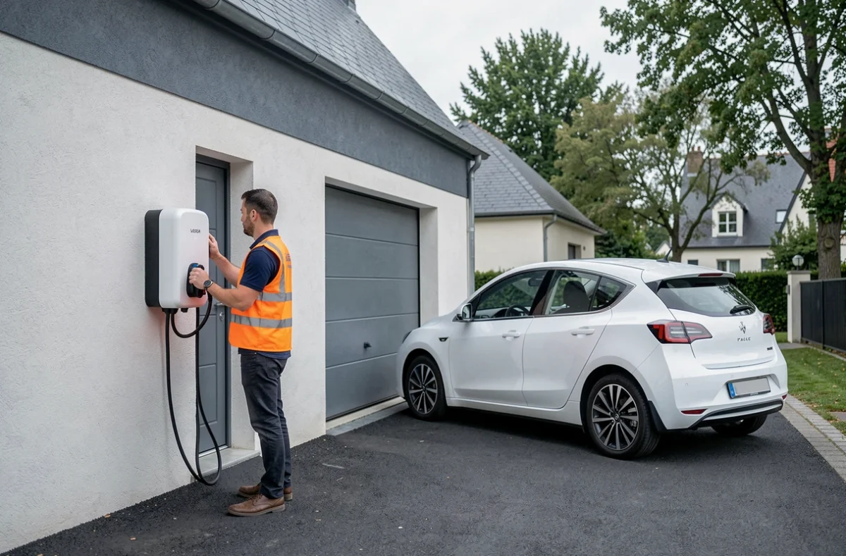 Technicien de Borne VE installant une borne de recharge pour voiture électrique sur la façade d'un garage résidentiel