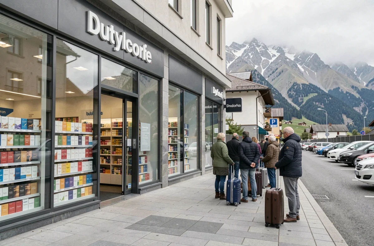 File de clients devant une boutique duty-free à Andorre vendant des cartouches de cigarettes avec les Pyrénées en arrière-plan