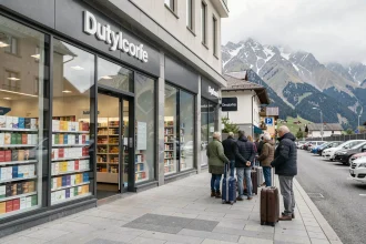 File de clients devant une boutique duty-free à Andorre vendant des cartouches de cigarettes avec les Pyrénées en arrière-plan
