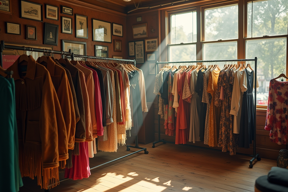 Intérieur boutique vintage vêtements années 70 ambiance nostalgique