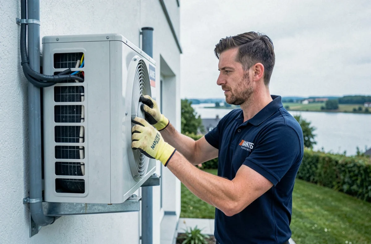 Technicien en chauffage et climatisation installant une unité extérieure sur la façade d'une maison près de Nantes