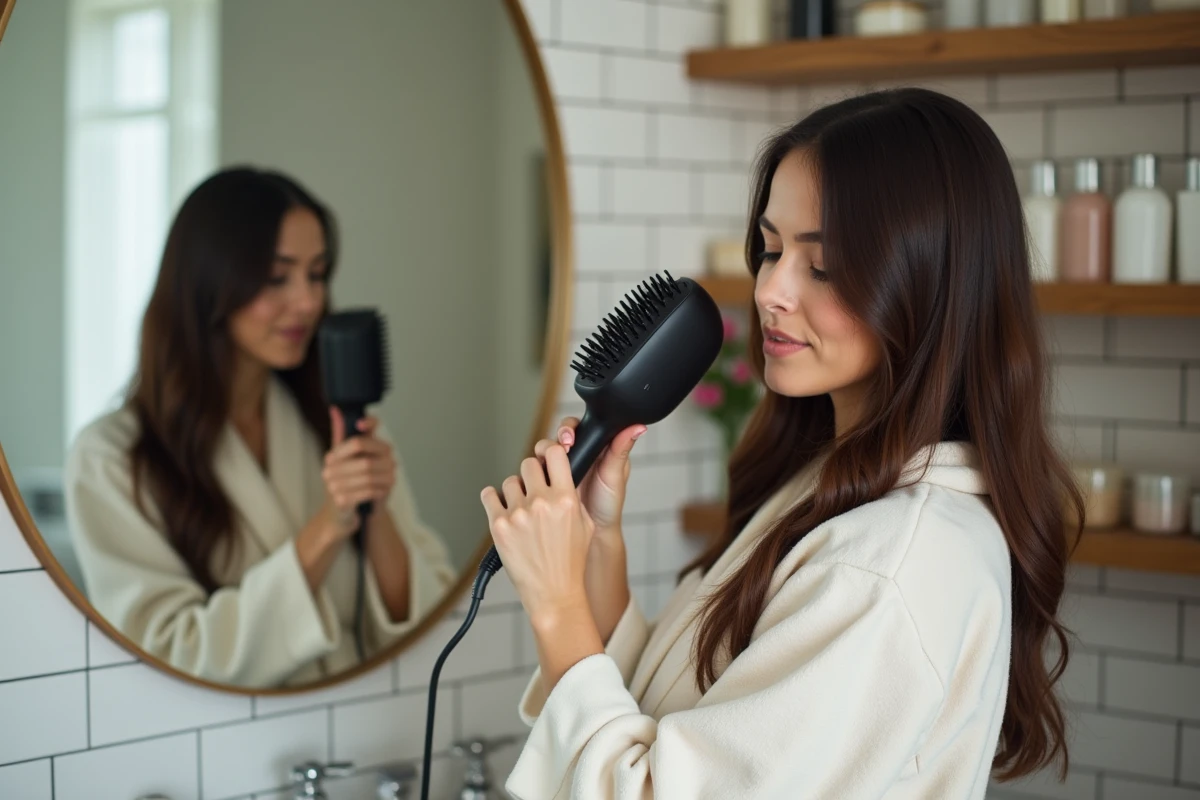 Femme aux cheveux longs se brushant les pointes avec un sèche-cheveux et une brosse ronde devant un miroir de salle de bain