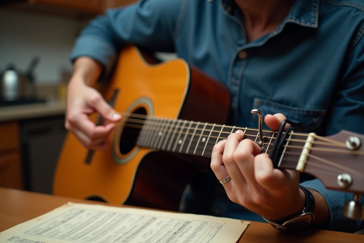 Guitariste installant un capodastre sur le manche d'une guitare acoustique pour jouer les accords de Mistral Gagnant