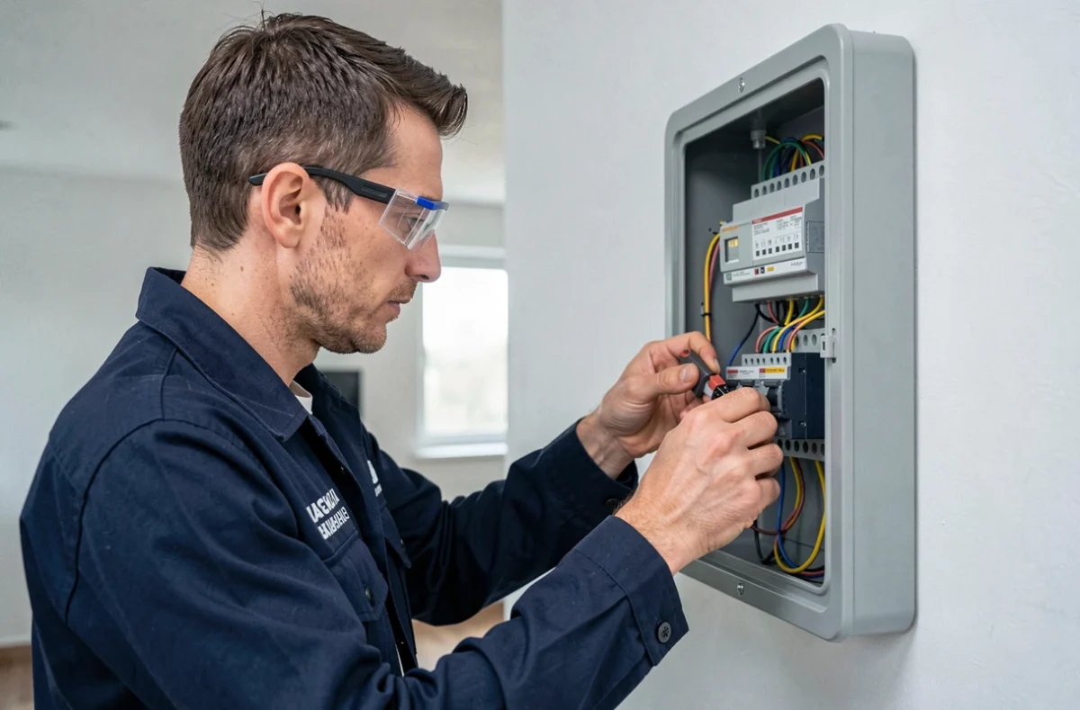 Électricien de CCS Elec en train de câbler un tableau électrique dans une habitation en Ille-et-Vilaine