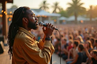 Chanteur de reggae en concert devant une foule de jeunes fans lors d'un festival en plein air