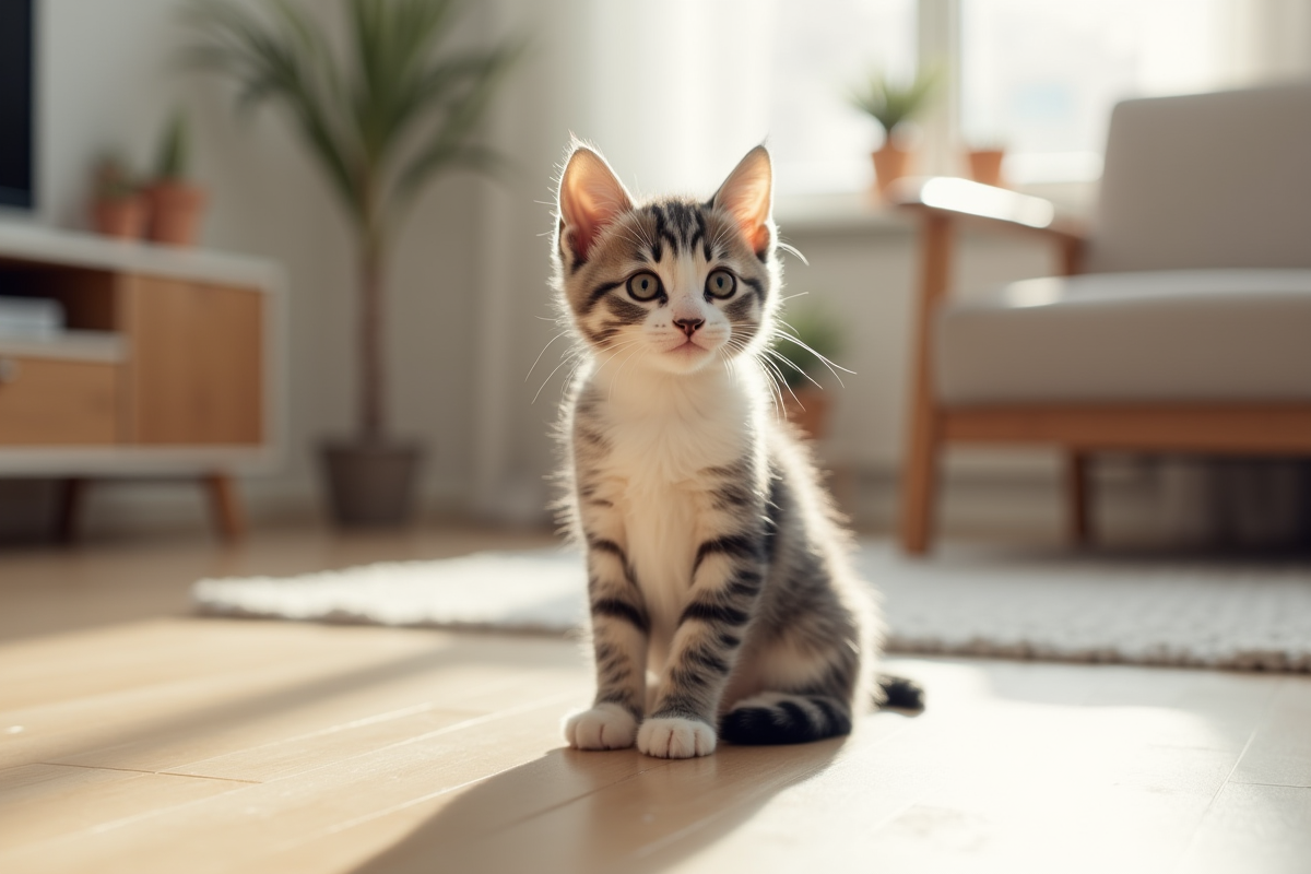 Chaton gris blanc assis sur un sol en bois dans un salon lumineux