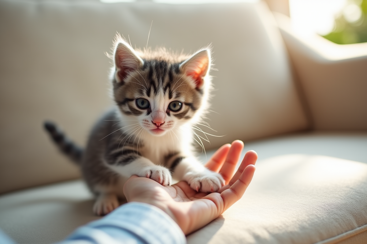 Chaton gris blanc jouant avec une main sur un canapé beige