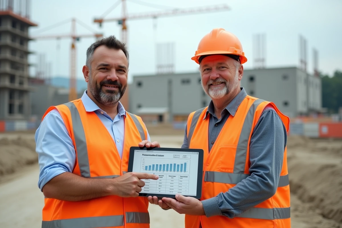 Deux chefs de projet sur chantier comparant des offres groupées via tablette numérique