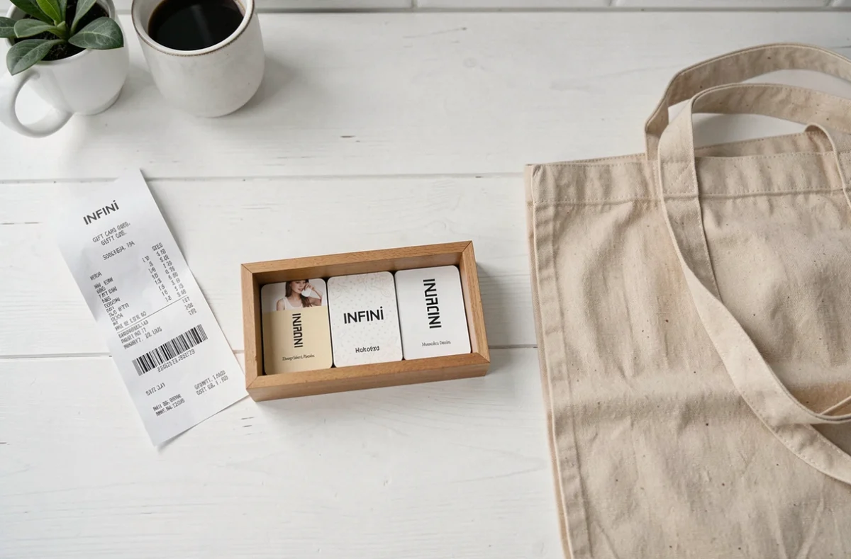 Chèques cadeaux Infini posés sur une table avec un ticket de caisse illustrant le paiement en plusieurs fois dans les grandes enseignes