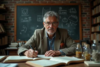 Chercheur scientifique analysant des notes manuscrites dans un laboratoire universitaire chargé d'objets non identifiés