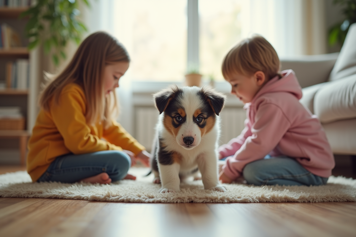 Chiot australien joue avec deux enfants dans le salon