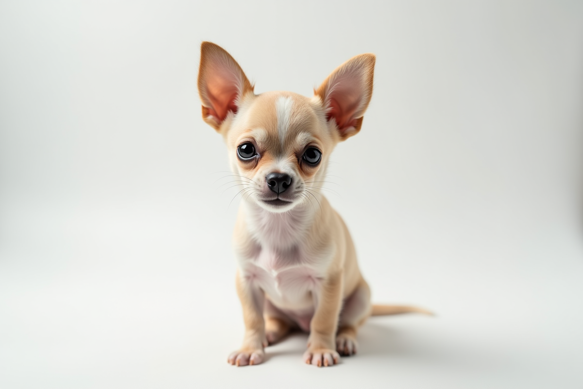 Chiot chihuahua blanc sur fond blanc lumineux