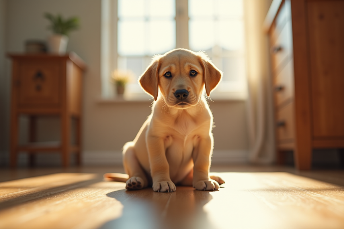 Chiot labrador assis attentivement en intérieur
