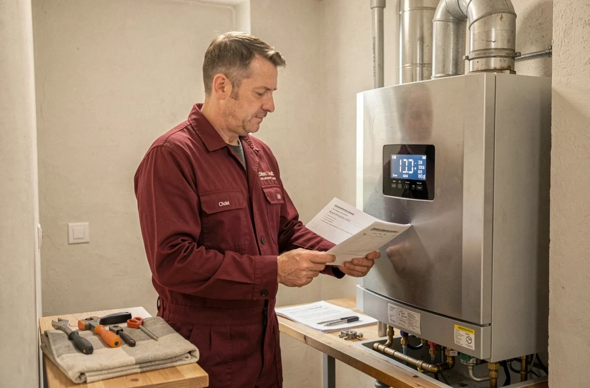 Technicien en maintenance chauffage effectuant la révision annuelle d'une chaudière à condensation à Cholet