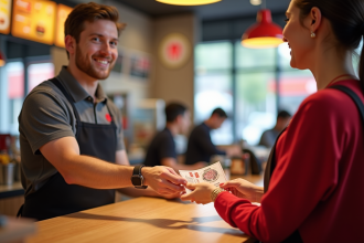 Client souriant à Burger King échangeant des bons de vacances