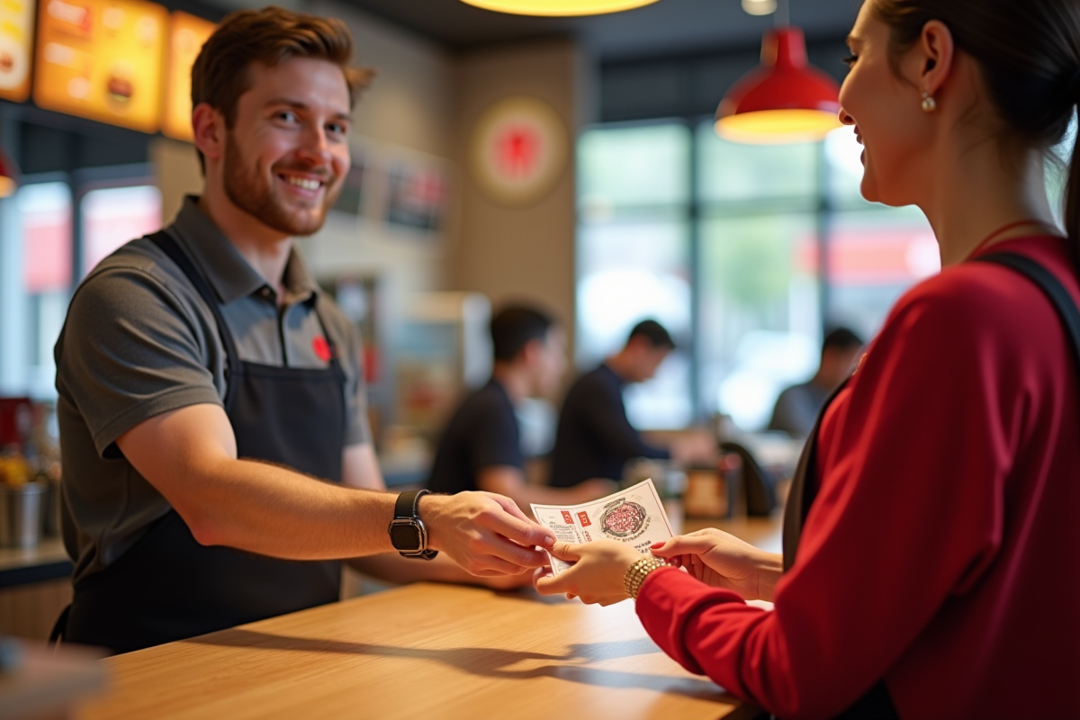 Client souriant à Burger King échangeant des bons de vacances
